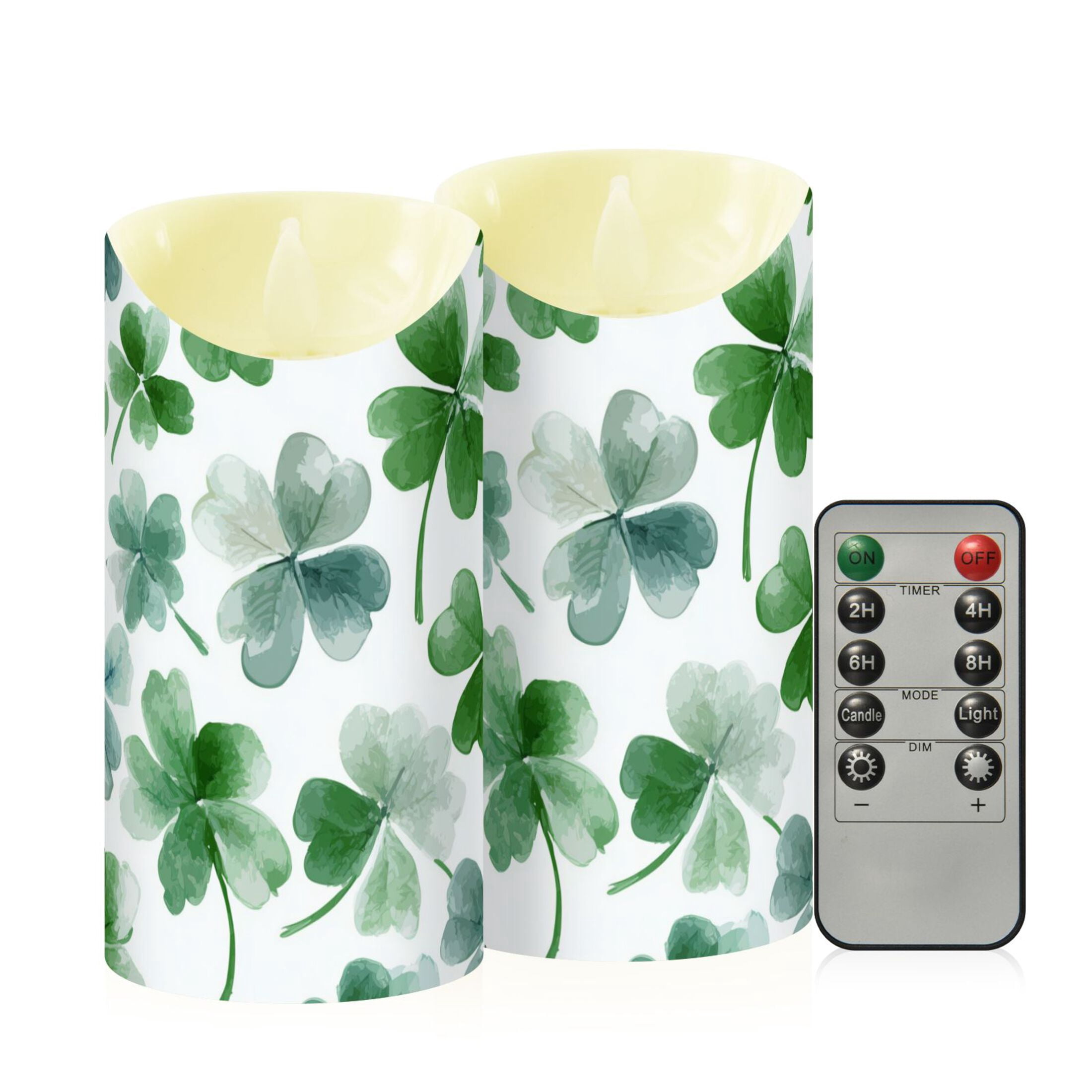 Watercolor Clover St Patricks Day Flickering Flameless Candles with Remote Timer Battery Operated LED Tealight Set of 2 M