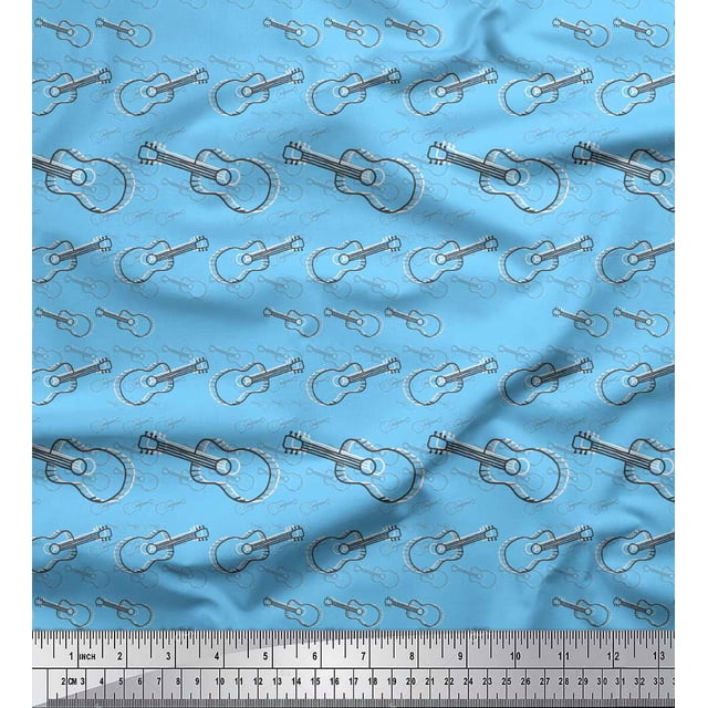Soimoi Blue Poly Georgette Fabric Sketch Guitar Musical Instrument Print Sewing Fabric Yard 52 Inch Wide