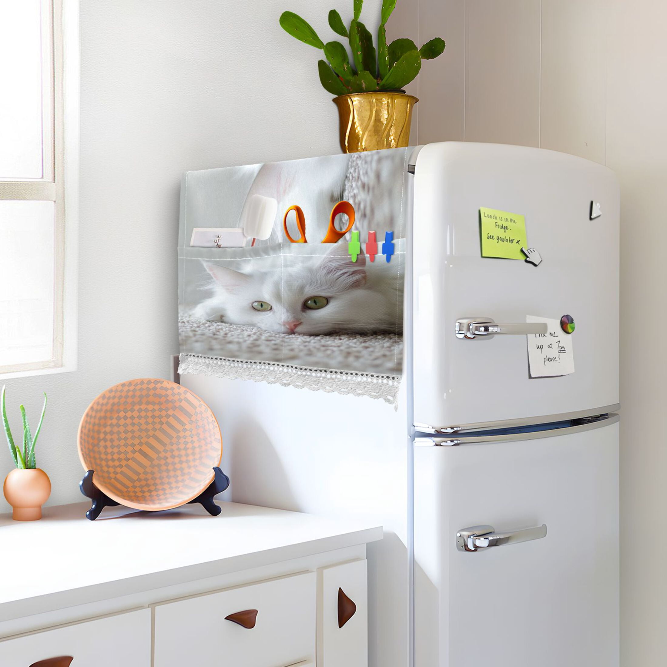 White CatWasher and Dryer Covers Dust-Proof and Oil Resistant Fridge Cover with 4 Storage Pockets Washing Machine Top Cover for Laundry Kitchen Home 51.2 x 22 In