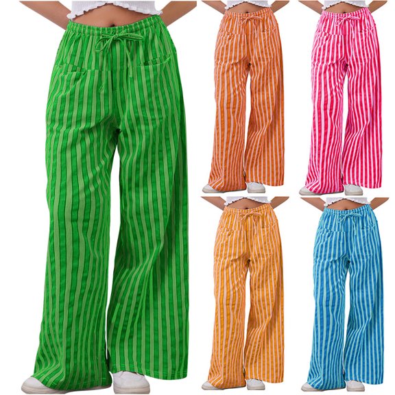 Capri Pants for Women, Xunlbb Women's Summer High Waisted Wide Leg Pants Stripe Matching Yoga Gym Long Pants(Light Blue,S)