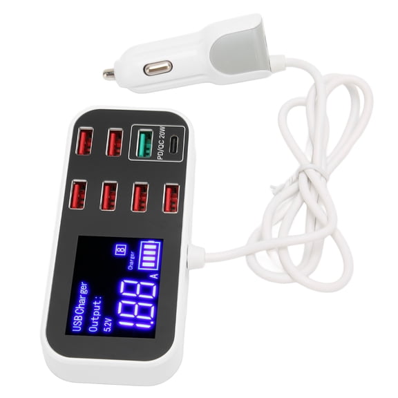 Car Charger Multi USB Charging Station 8 Port Fast PD QC 3.0 Type C Port Phone Hub with LCD Display