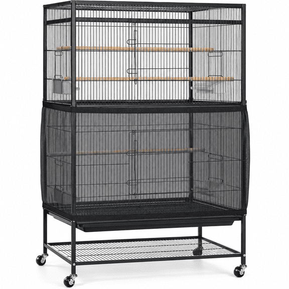 Large Bird Cage Seed Catcher, 118 x 31.5 in Adjustable Nylon Mesh Skirt with Elastic Drawcords for Parrot Cages, Black