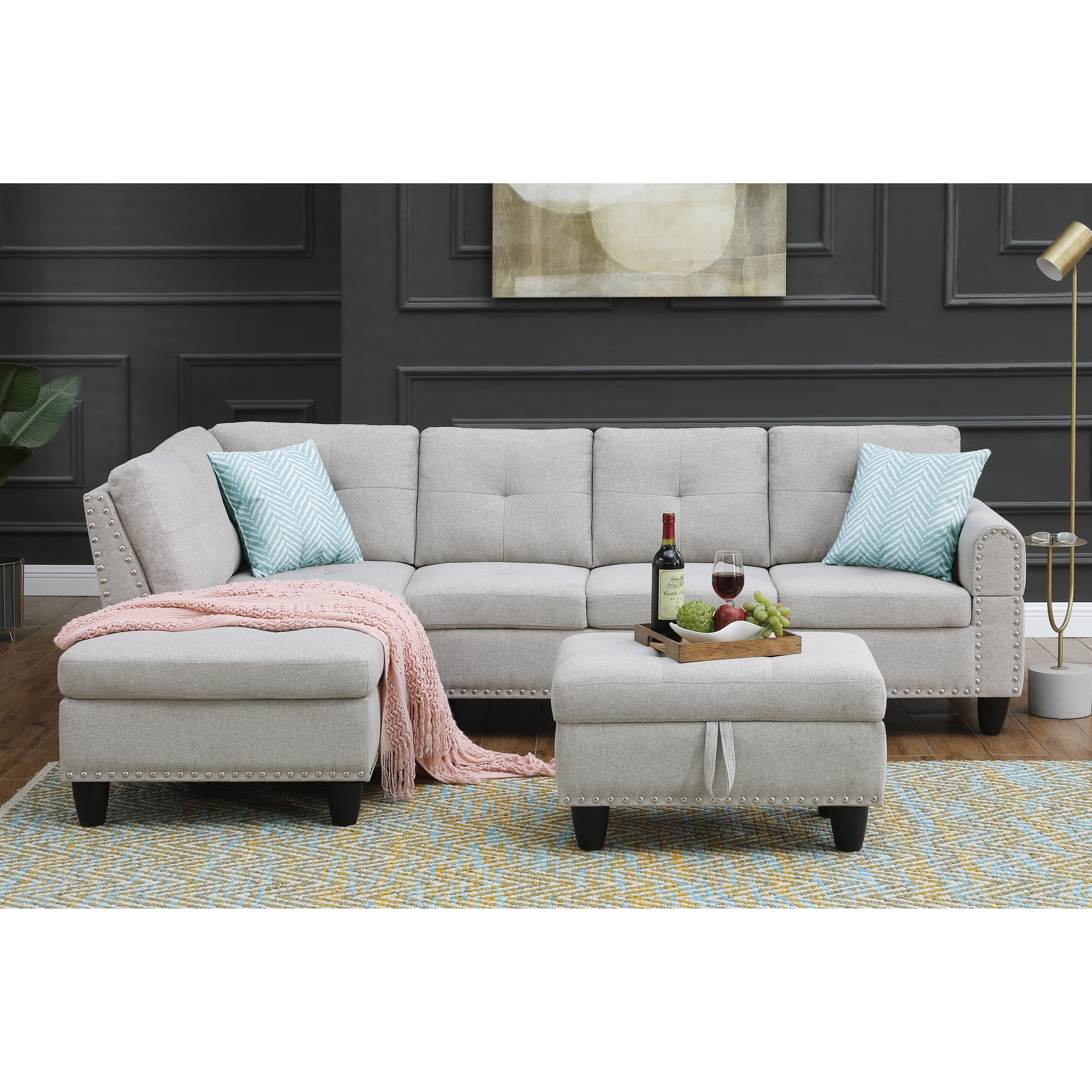 Gewnee L-Shaped Sofa & Chaise Sectional, Linen Blend Fabric Upholstered Couch with Storage Ottoman, Nailhead Trim and Toss Pillows for Living Room Apartment,Light Gray