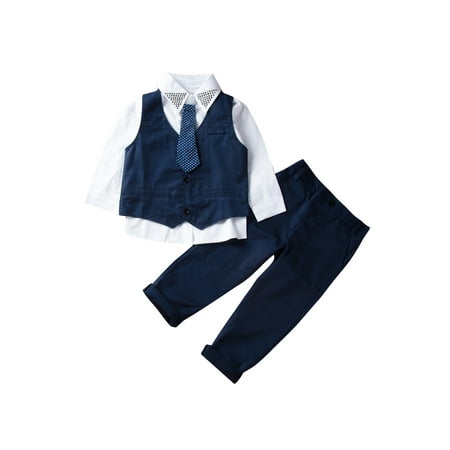 

IZhansean 4PCS Kids Baby Boy Tuxedo Suit Shirt Waistcoat Tie Pants Formal Outfits Clothes Navy Blue 2-3 Years