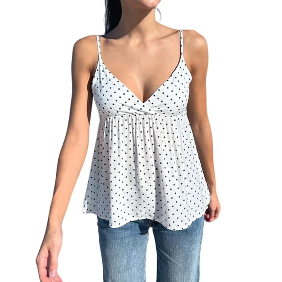 Women's Y2k Polka Dot Print Tank Top Spaghetti Strap Camisole Sheer Mesh Going Out Top White S