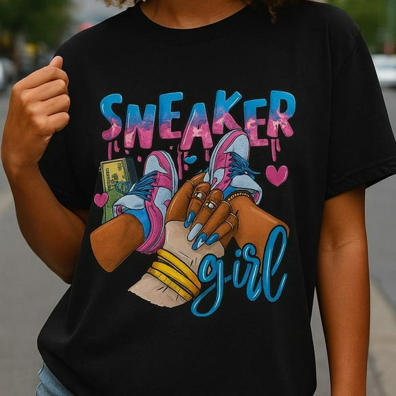 Trendy - Sneaker Graphic Tee, Tops Has “SNEAKER girl” Fashion Sneaker Design, Round Neck Regular Fit T - shirts, Size(S - 5XL)