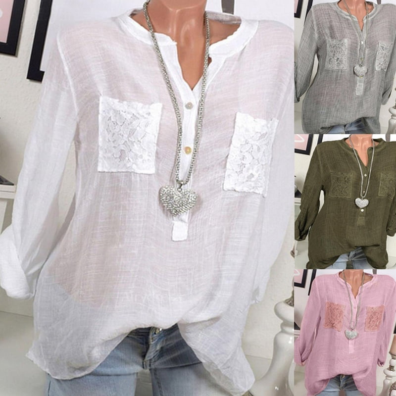 Womens Ladies Long Cotton Sleeve Blouse T Shirt Summer Loose Casual  Tops Linen 