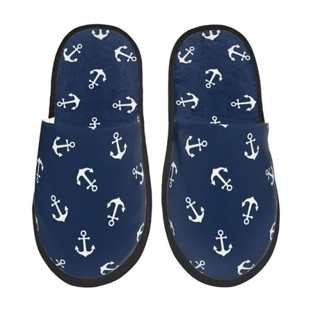 Balery Nautical Themed Simple Anchors Slient Indoor Furry Fleece Comfort House Shoes Soft Non-Slip Home Shoes Cotton slippers House Slippers-- Large