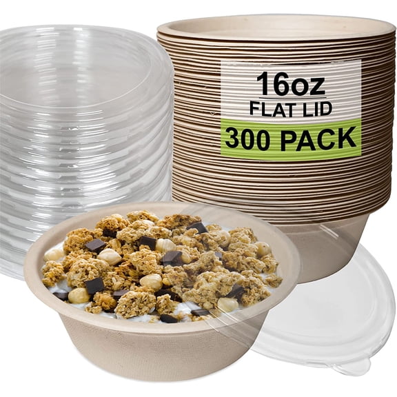 [300 Pack] 16 oz Compostable Paper Bowls with Lids Heavy-Duty Disposable Bowls, Eco-Friendly Natural Bagasse Unbleached, Hot or Cold Use, 100% Biodegradable Soup Bowls Sugarcane
