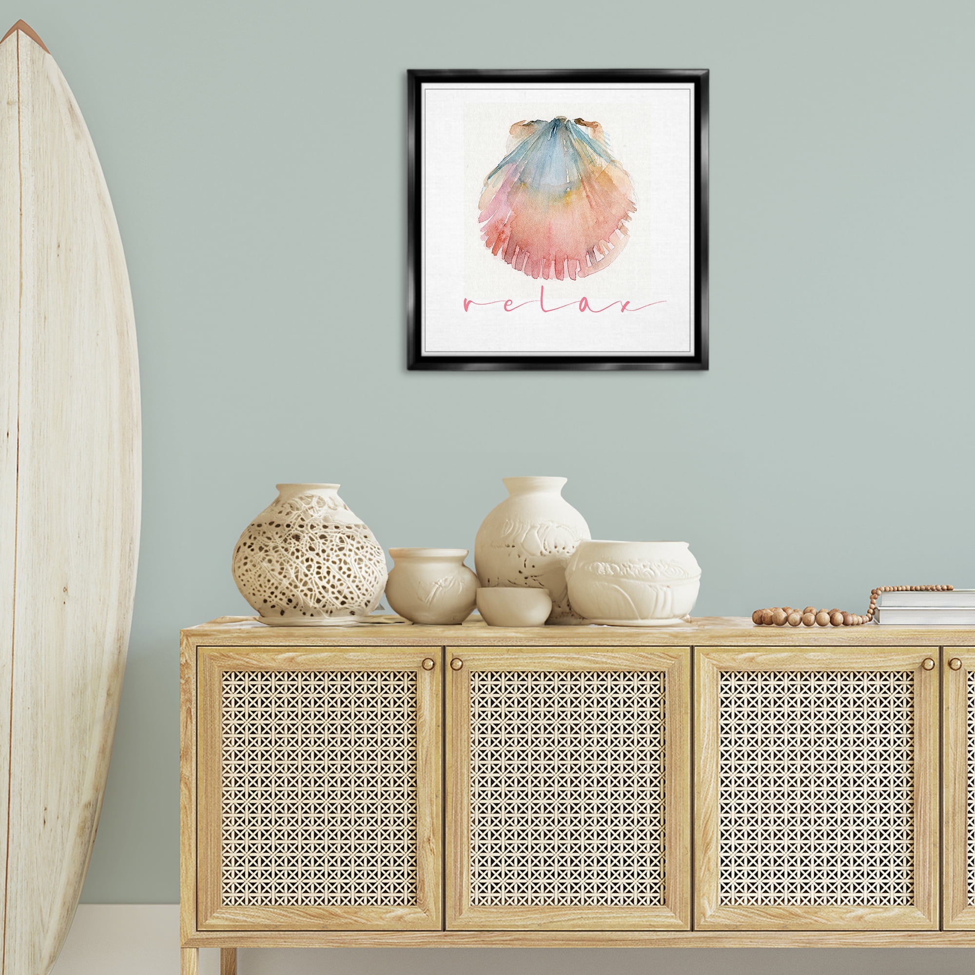 Stupell Industries Scallop Shell Relax Nautical & Beach Painting Black Floater Framed Canvas Art Print Wall Art, 25 x 25