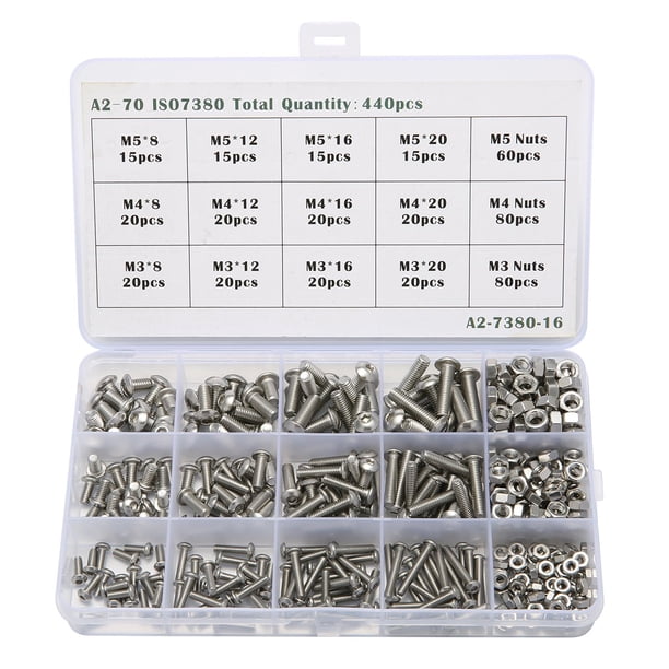 Kit 440PCS M3 M4 M5 Acero inoxidable Cabeza hexagonal Botón Cabeza hueca Cable Pernos Tornillos Tuerca de bloqueo Kit surtido con caja de almacenamiento