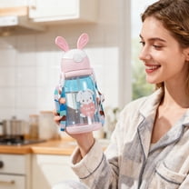 AURIGATE 20.3oz Cute Cartoon Bunny Pattern Plastic Water Bottle with Straw for Kids Teen Girls Travel School Sports Spill Proof Portable Hand Strap Bottle