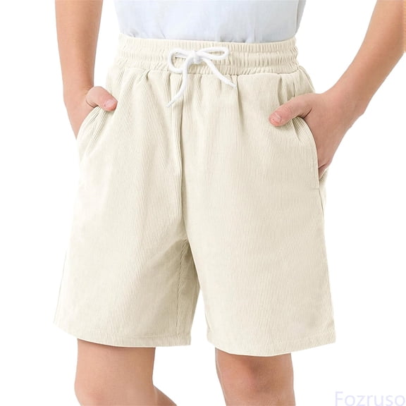 Fozruso Boys Girls Corduroy Shorts Kids Casual Elastic Waist Drawstring Summer Shorts With Pockets 5 14 Years School Uniform Shorts Sizes 5-6 Years(Beige)