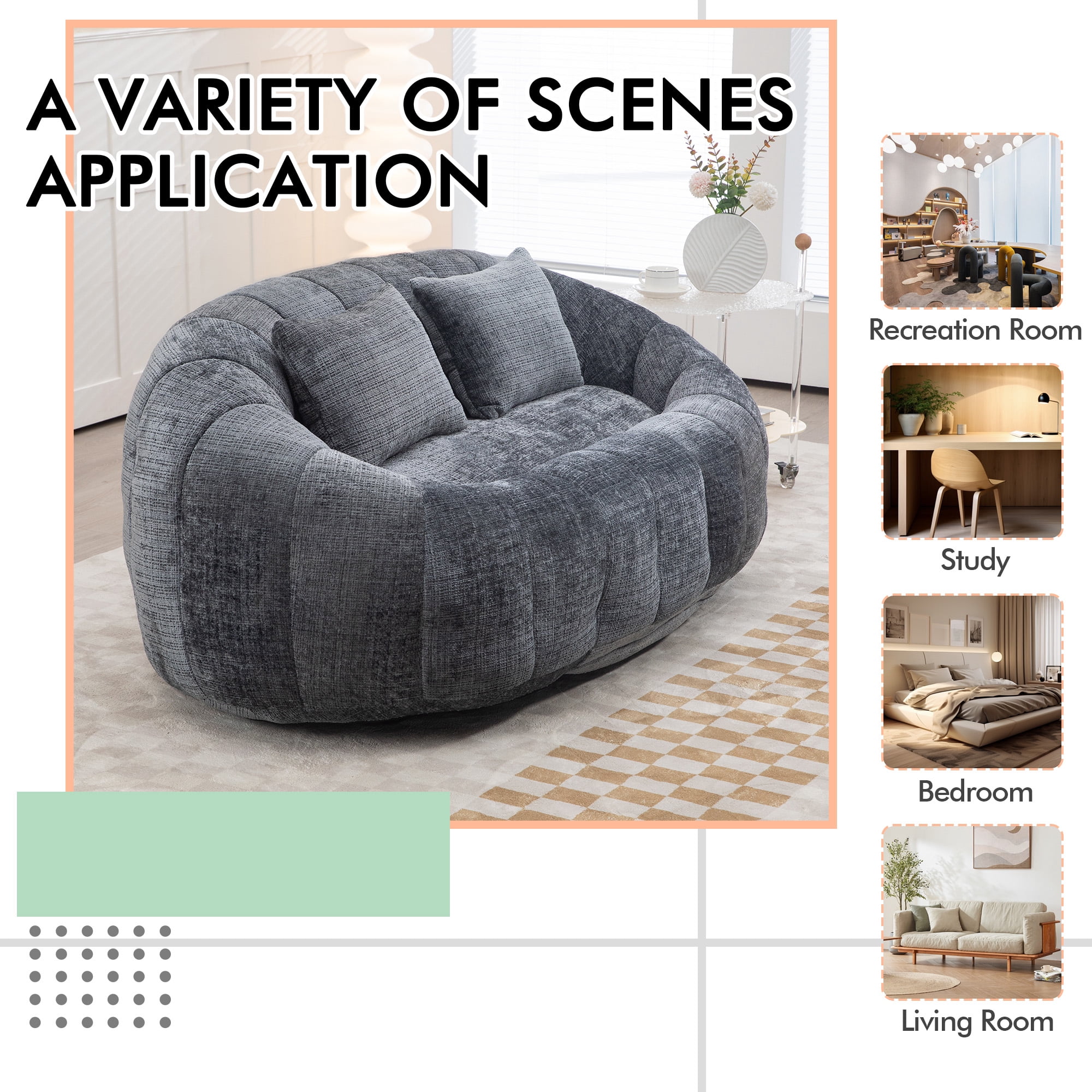 MOONMISS Chenille Durable Comfort Lounger High Back Bean Bag loveseat Lazy Sofa-Gray