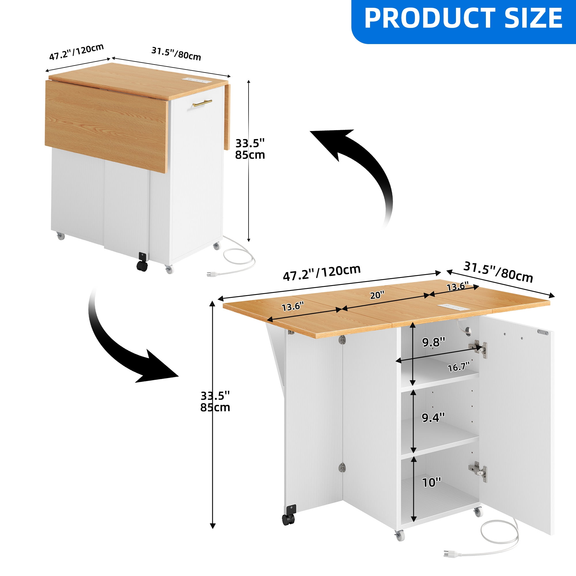 Uforic Kitchen Island with Drop Leaf, Kitchen Storage Cart with Power Outlets, Cabinet for 10-Gal Trash Bin, White