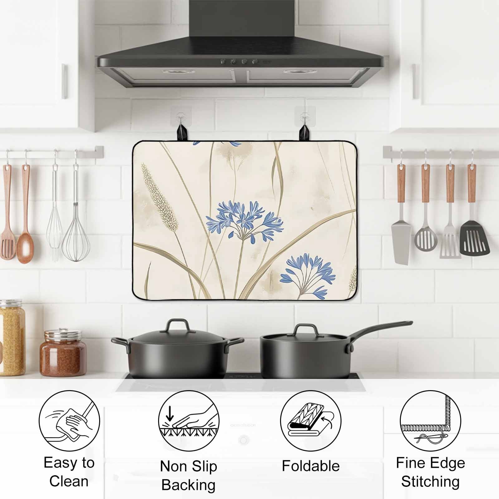 Blue Floral Botanical Spring Stove Top Cover for Electric Stove, Heat-proof & Non Slip Glass Top Stove Cover Protector, Farmhouse Beige Flowers Kitchen Flat Cooktop Rubber Mat 24x21 Inches