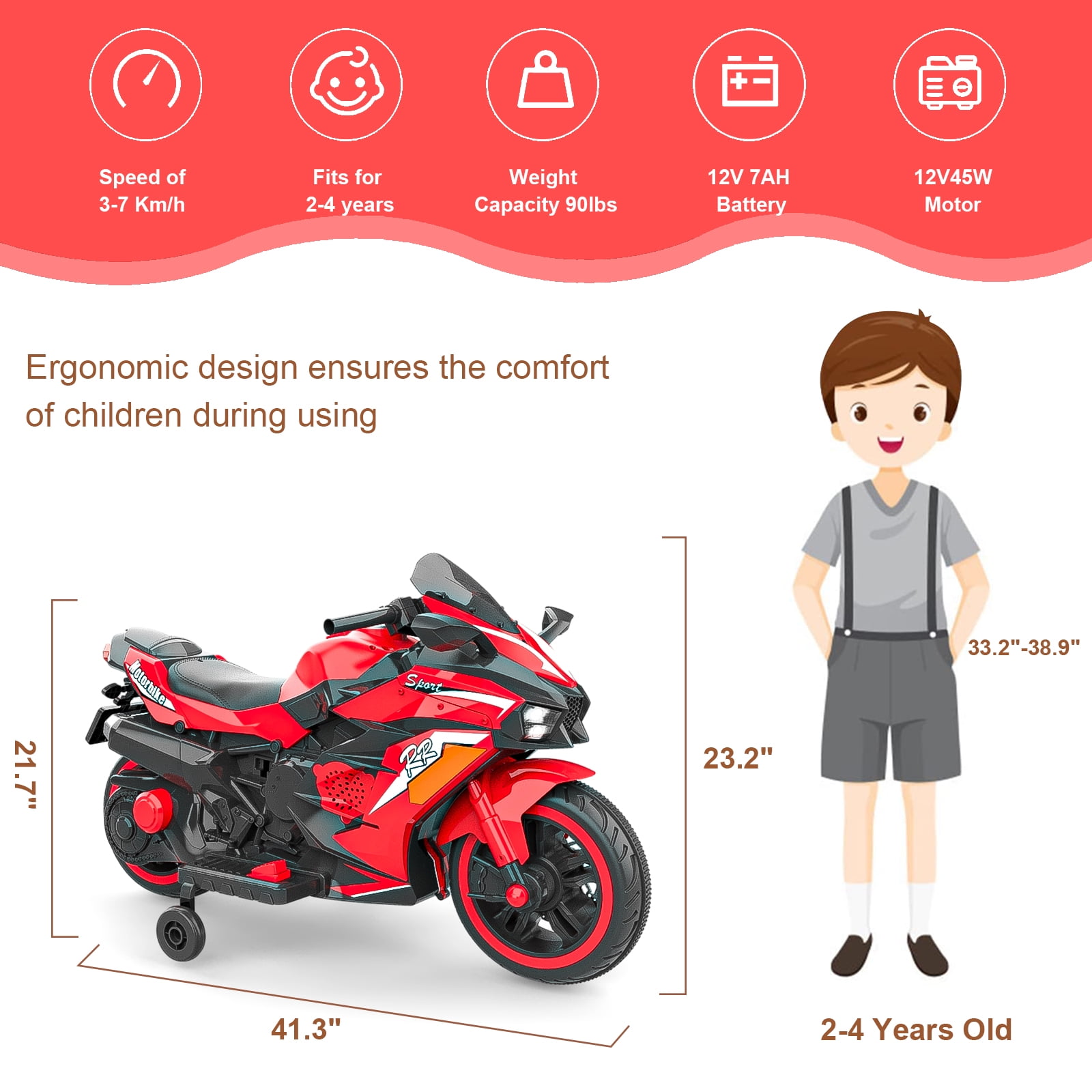 Techvida 12V Kids Electric Motorcycle for Child, Motorcyle for Kids with Bluetooth, LED Lights (Red)