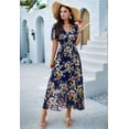 thumbnail image 5 of Women'S Summer Wrap Maxi Dress Floral V Neck Short Sleeve Wedding Guest Party Casual Dress Navy Blue M, 5 of 9