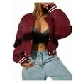 thumbnail image 2 of Women Mock Neck Long Sleeve Button Cropped Leather Jacket Casual Biker Moto Jacket Fall Outerwear Wine Red S, 2 of 5