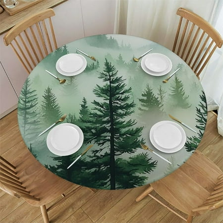 

Sheronv Fog Mountain Trees Round Tablecloth with Stain-Resistant Polyester - Ideal for Indoor and Outdoor Use - Full Width Single-Sided Printing - Outdoor Fitted 38 -42