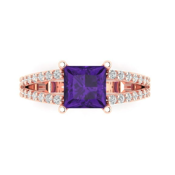Clara Pucci 14K Rose Gold Solid Gold Amethyst Solitaire with Accents Anniversary Ring for Women - 2.48 cttw Princess Cut