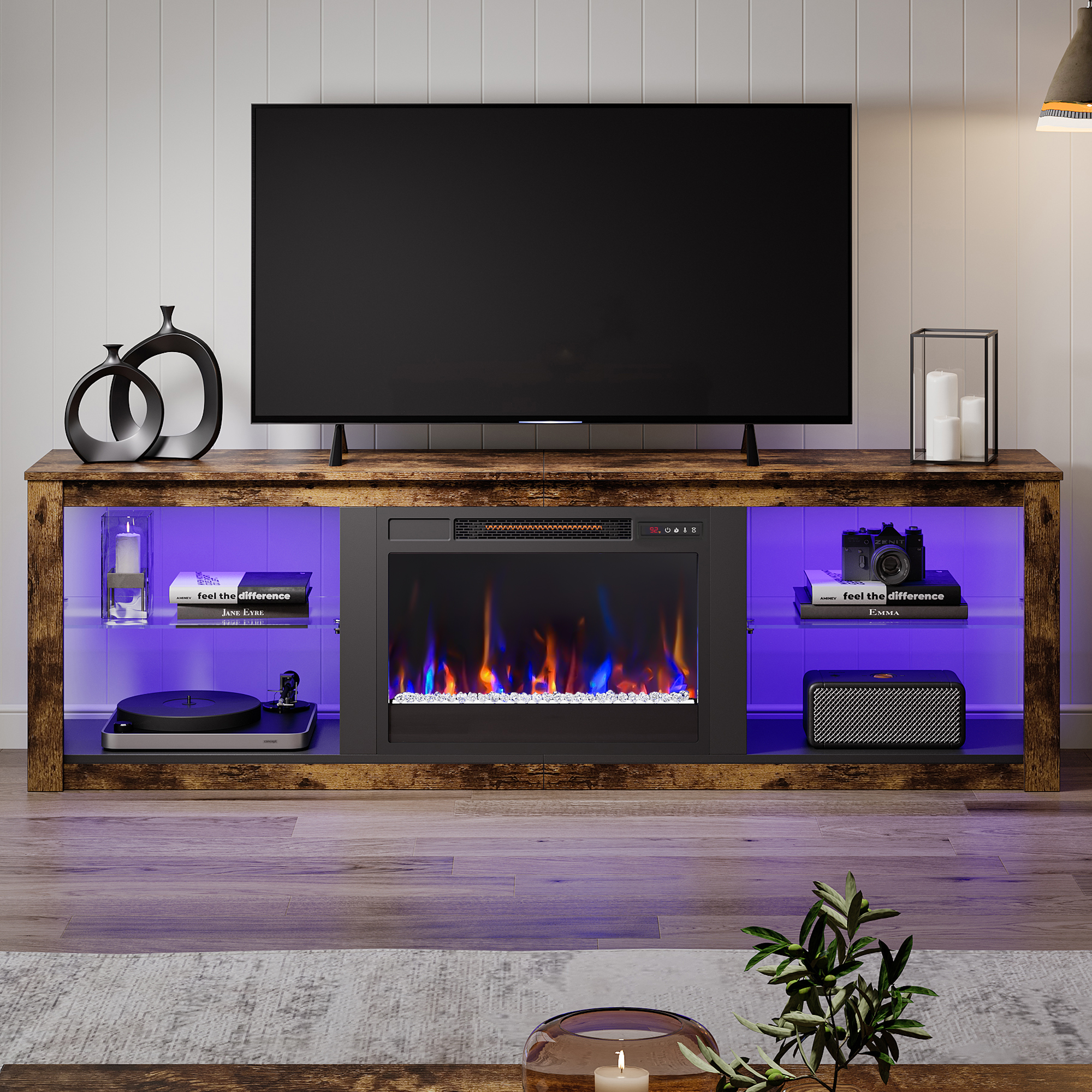 Bestier 70" Fireplace TV Stand with LED Lights, Rustic Brown photo 8