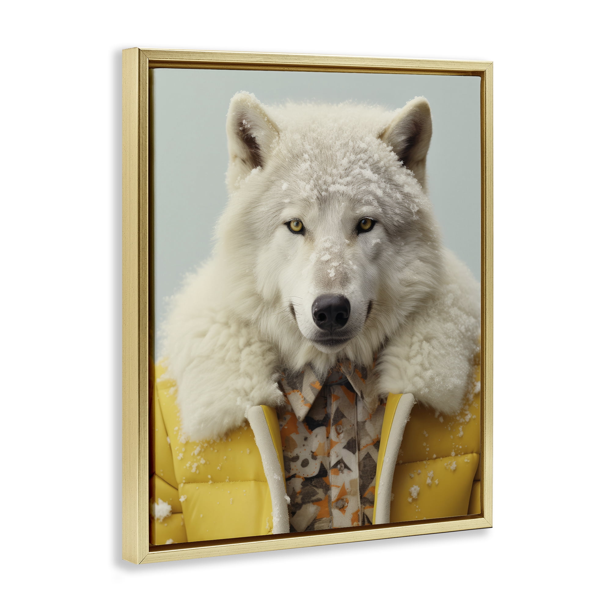 Stupell Industries Snow Wolf Yellow Jacket Gold Framed Floater Canvas Wall Art, design by Ray Powers