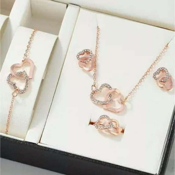 K-KED 5PCS/Set Heart Shaped Delicate Jewelry For Women Elegance Rhinestone Double Heart Jewe:yq-Rose gold set