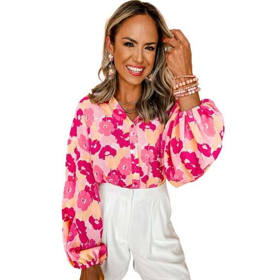Women's Pink Floral Print Puff Sleeve Buttoned Shirt