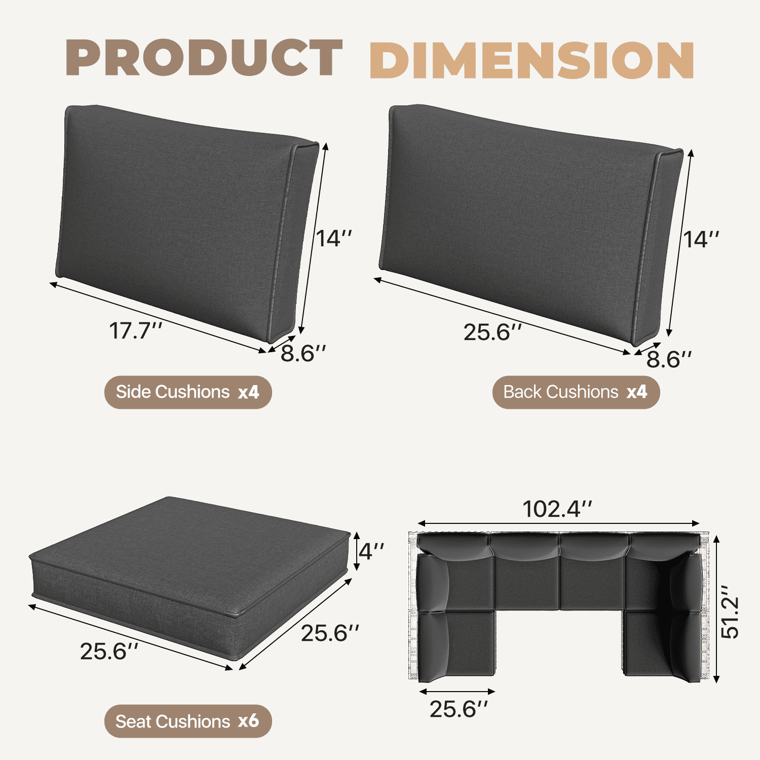 BaPiPro 6-Person Dark Gray Outdoor Sectional Sofa Cushions, Waterproof Polyester Patio Cushions with High-Density Sponge & Side Pillows, No Assembly for Backyard, Porch, Deck & Poolside