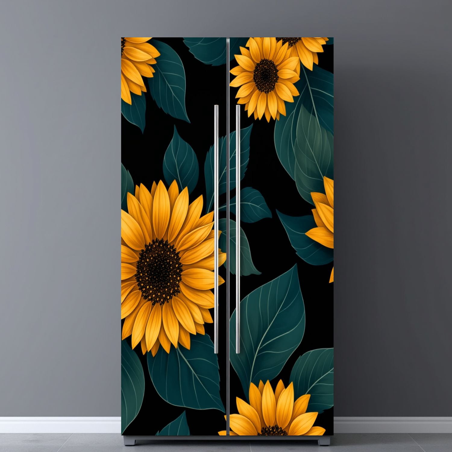 Self Adhesive Vinyl Refrigerator Wrap Set Vibrant Sunflowers Bold Yellow Petals Dark Green Leaves Door Mural Removable Fridge Sticker Peel and Stick&nbsp;Full Door Cover Decal Kitchen Bar Decor