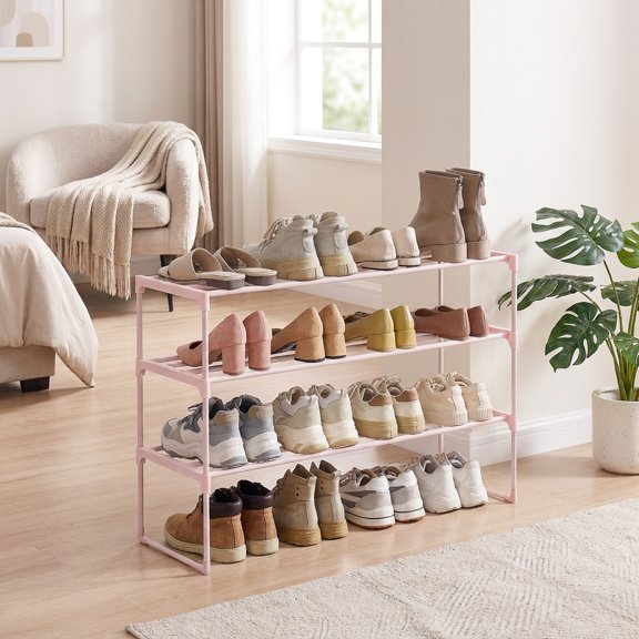 LEDREM 3-Tier Metal Shoe Storage Shelf, Stackable Shoe Organiser, for Entryway, Jelly Pink