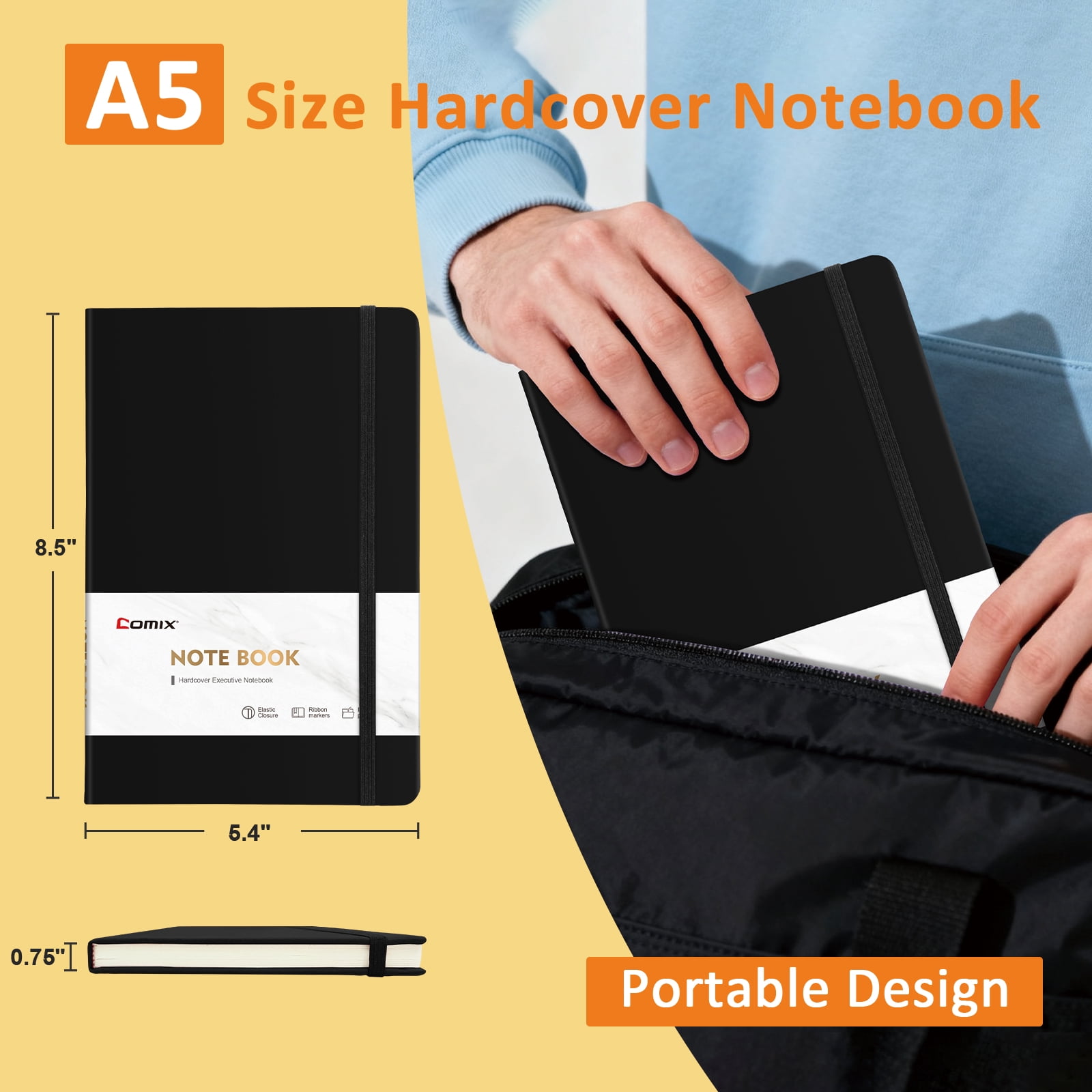 Comix Hardcover Notebooks,Lined Journal for Writing,Black 240 Pages, 5.4 x 8.3 inch 6Pack