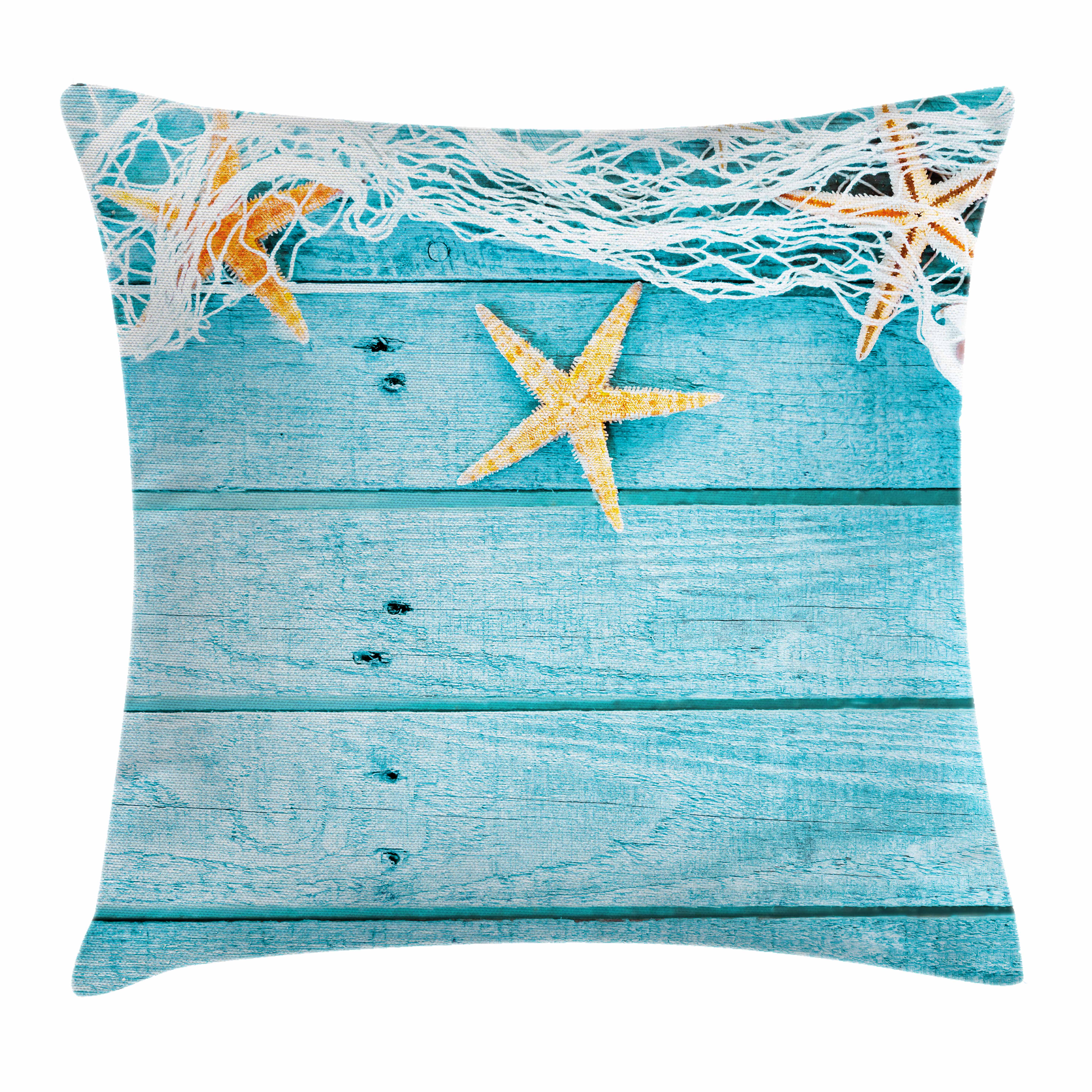Starfish Decor Throw Pillow Cushion Cover, Rustic Wood Boards Fishing