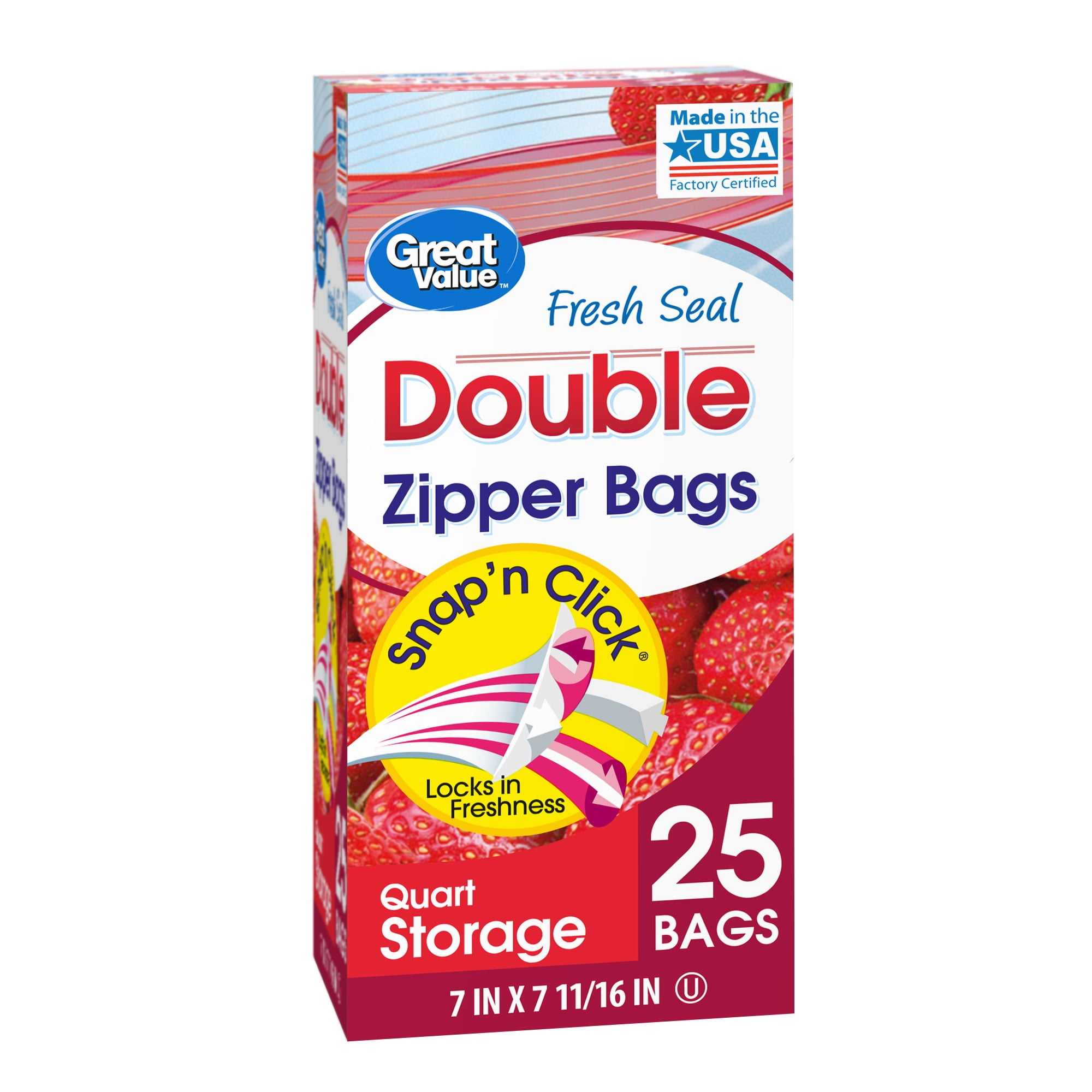 Great Value Double Zipper Quart Storage Bags, 25 count