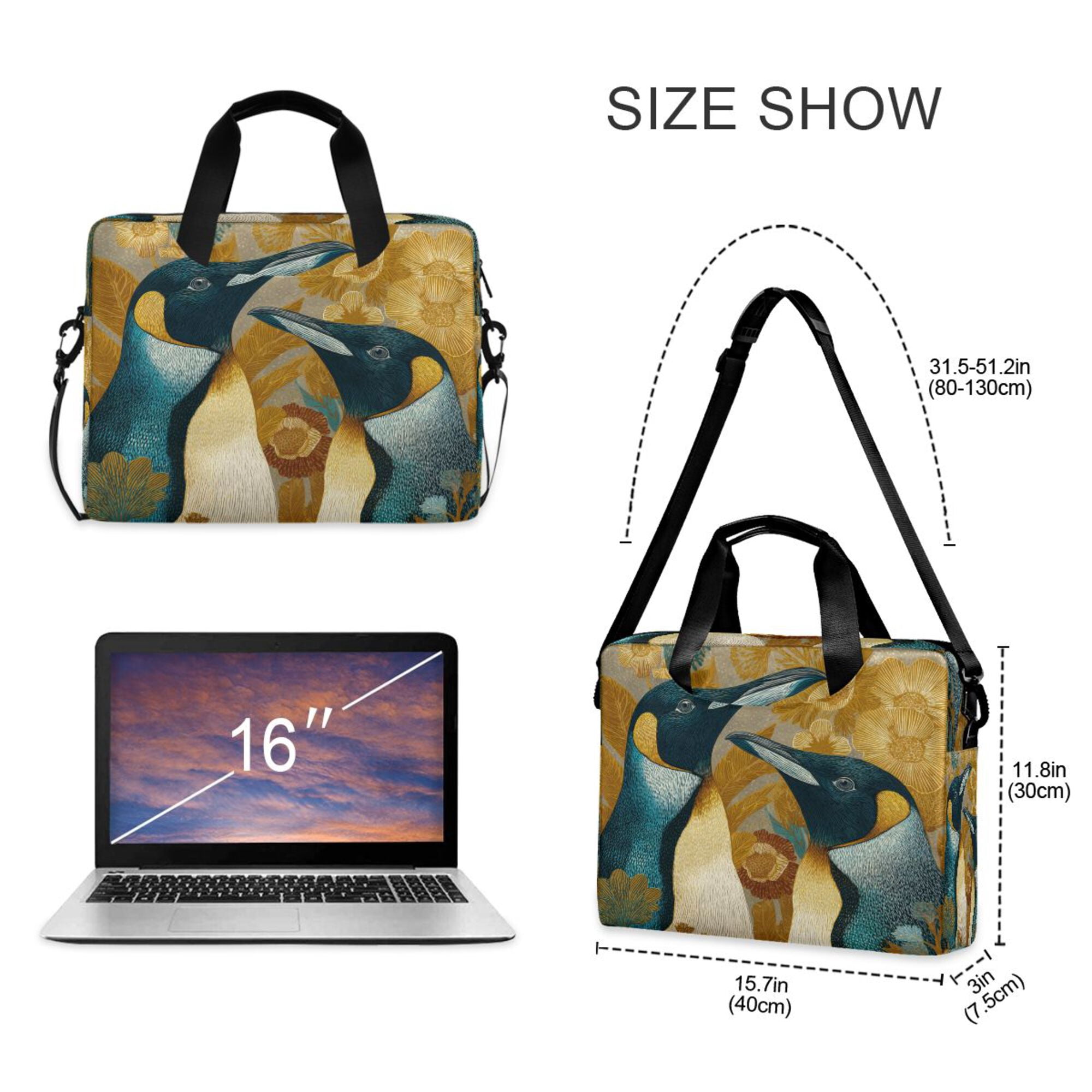 16" Laptop Briefcase, Detachable Anti-Slip Shoulder Strap, Multi-Compartment Work Travel Bag Two Penguins
