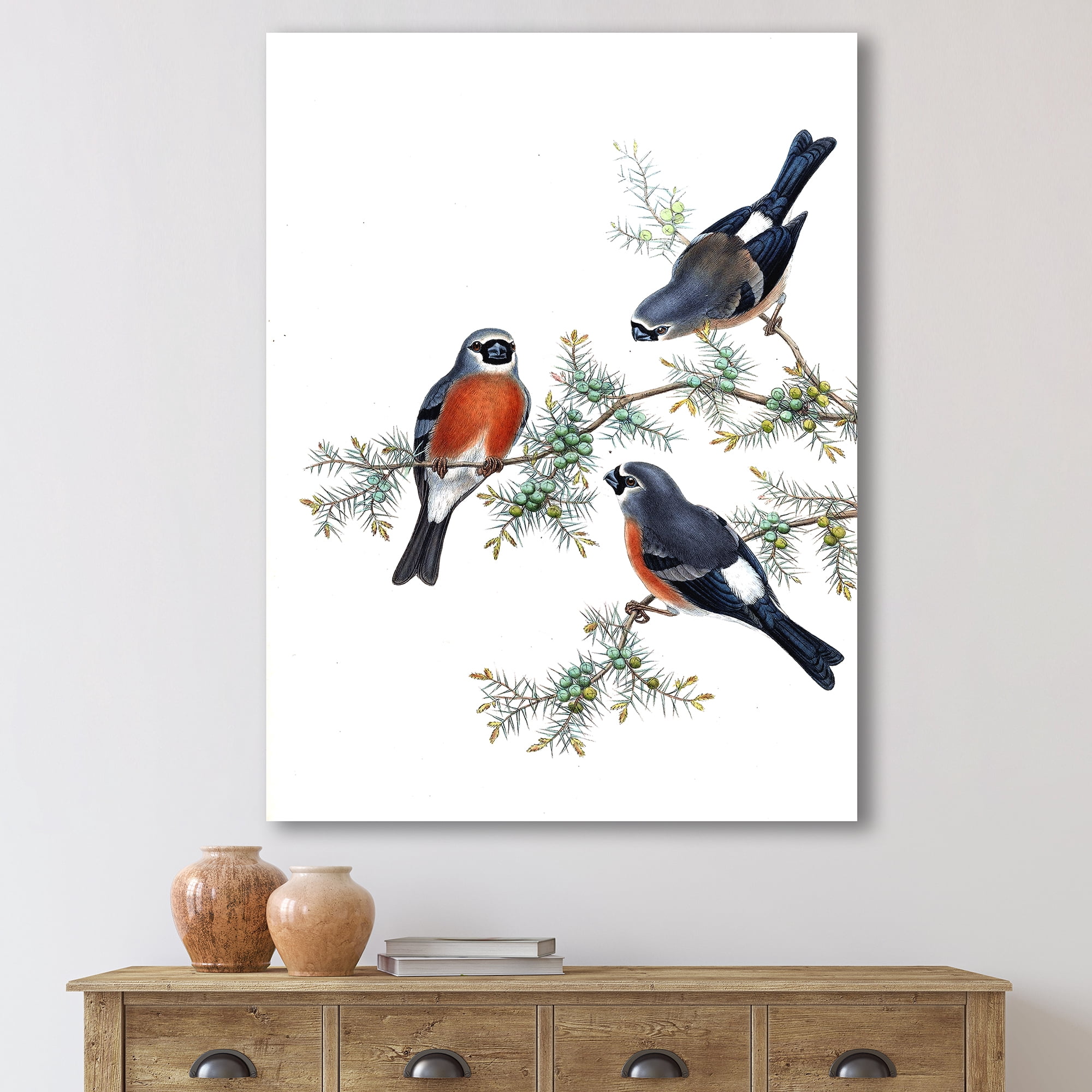 Designart ' Vintage Countryside Birds On Branch III ' Farmhouse Canvas Wall Art Print