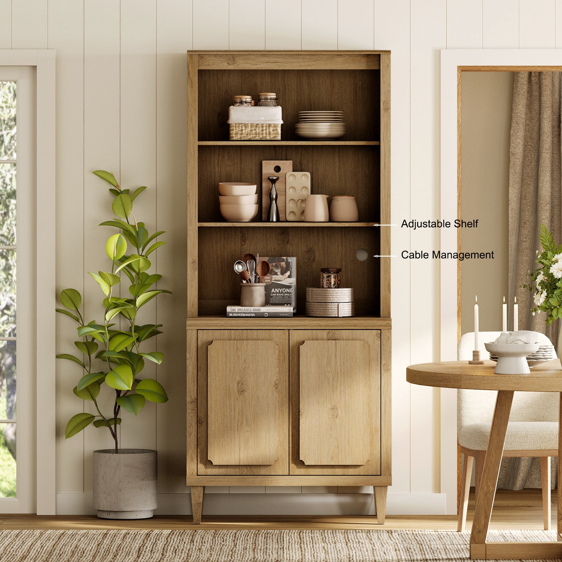 Tall Bookshelf with Doors, 72.8 Inch Large Wood Bookshelf with Storage