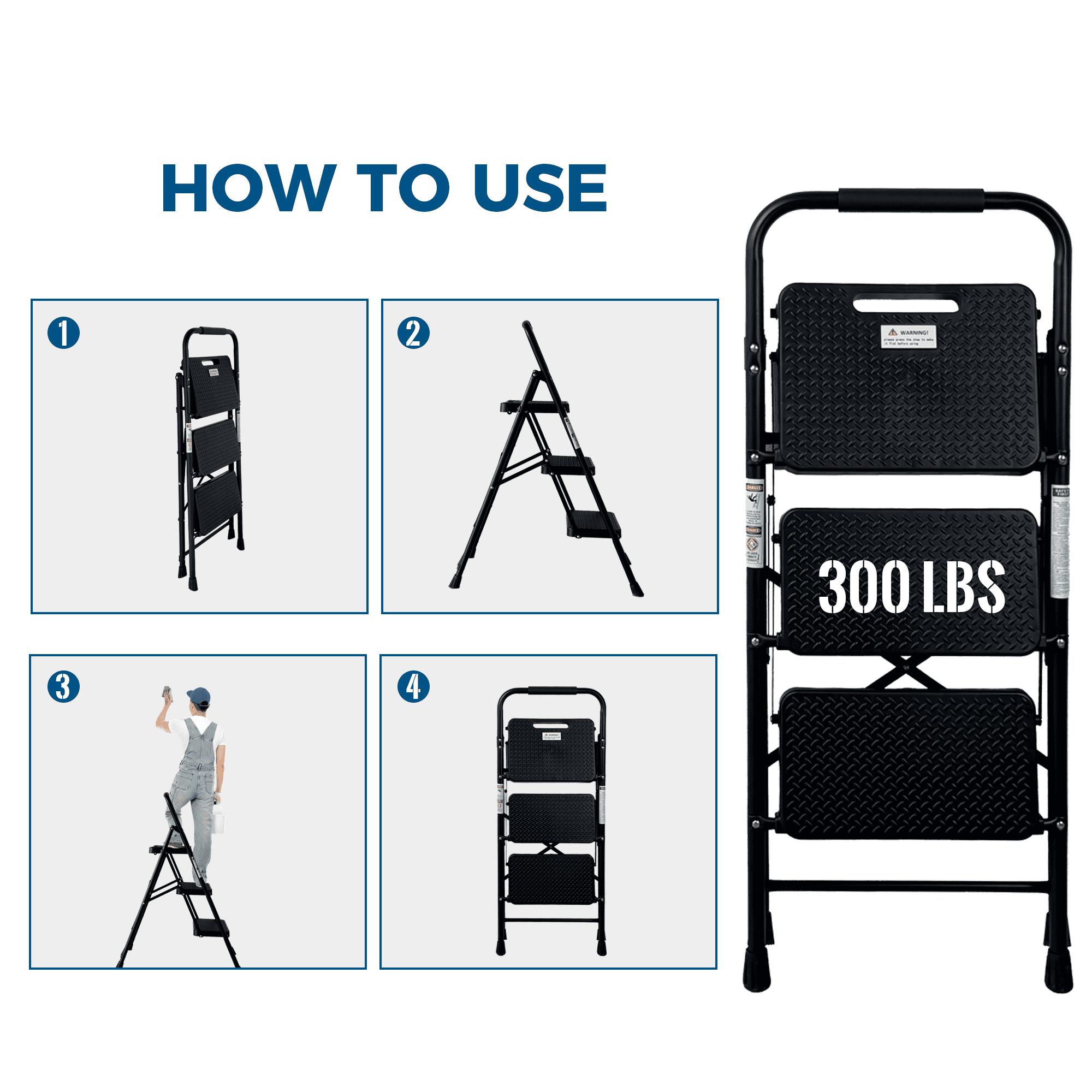 Leumius 3 Step Ladder,Folding Step Stool with Wide Anti-Slip Pedal, Lightweight Portable Ladder for Home Kitchen, Black
