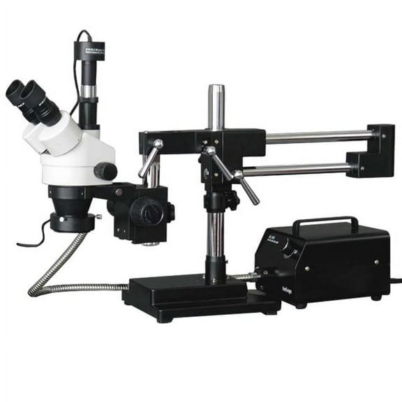 AmScope 3.5X-90X Stereo Boom Microscope with 5MP Camera   Fiber Optic Light New