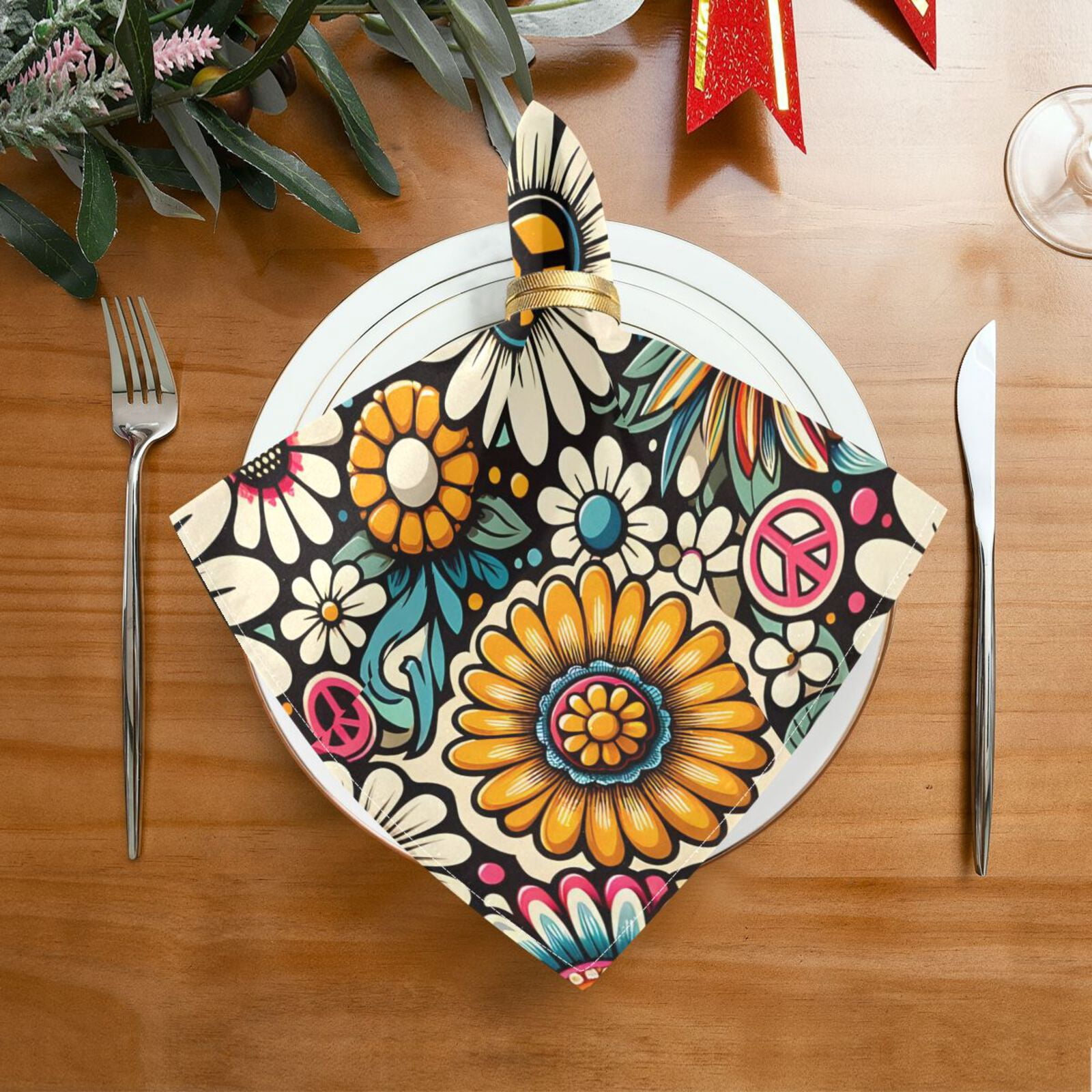 JSTEL Daisy Flower Peace Vintage Cloth Napkins Set of 6, 20x20 Inch Washable and Reusable Napkin for Decoupage Dinner Party Everyday Use