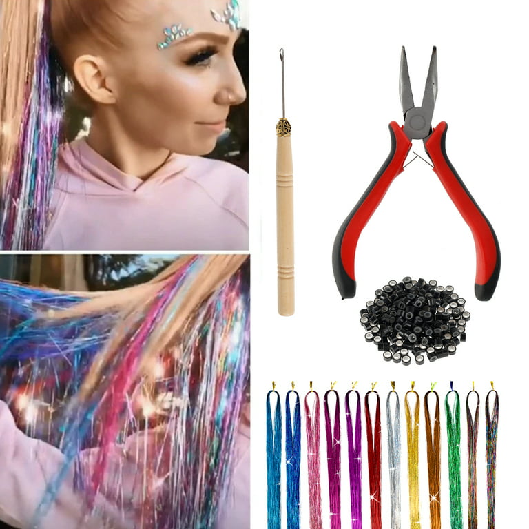  Hair Tinsel Tool Kit for Hair Extensions - Stainless Steel  Pliers Set, Crochet Needle, Pulling Hook, Tail Comb & Beads : Beauty &  Personal Care