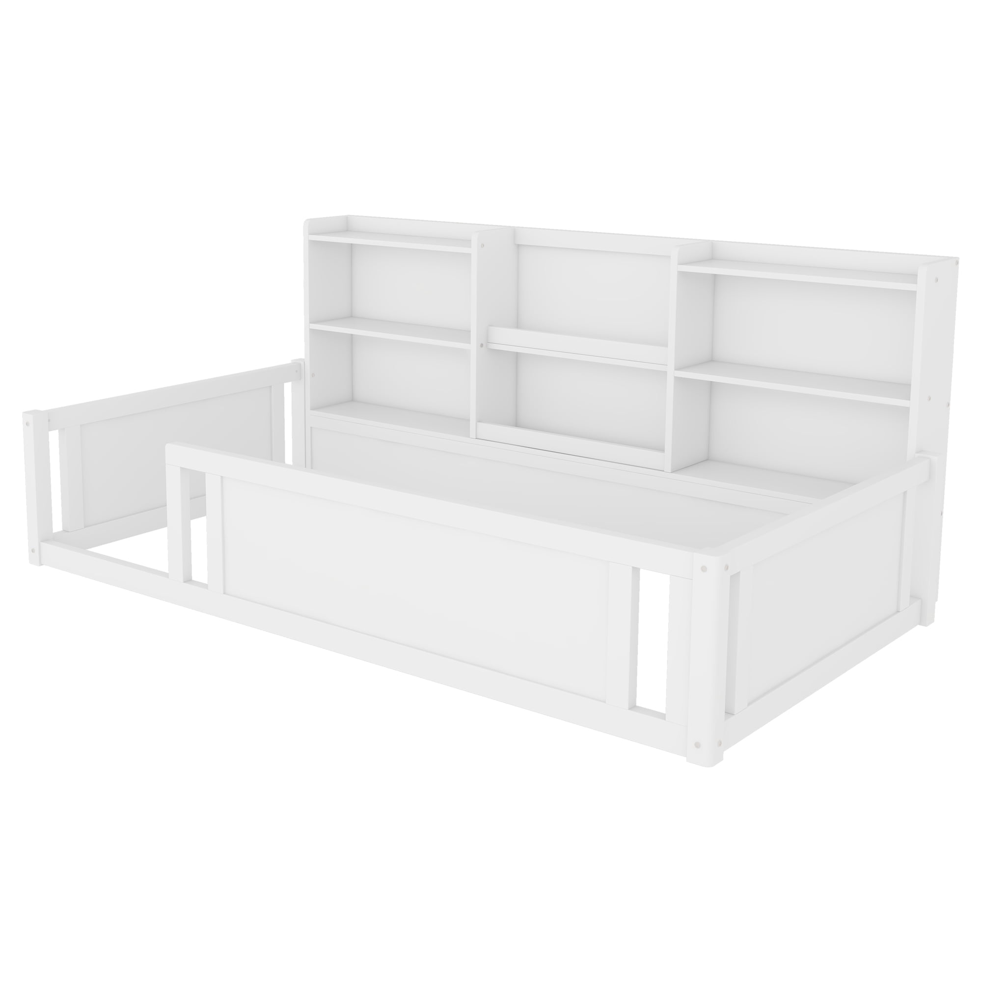 Mintazer Twin Size Montessori Floor Bed with Bookcase Headboard & Guardrails, Kids Platform Bed Frame with 6 Cubby Storage Shelves for Bedroom, White