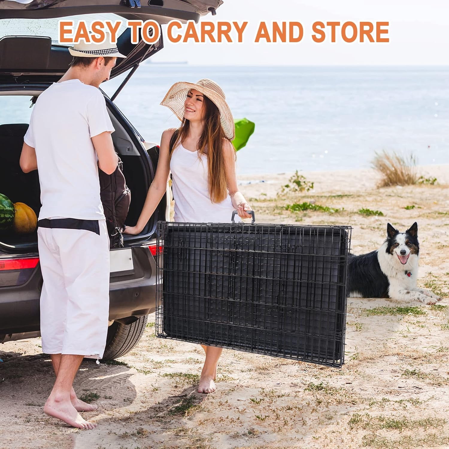 XF XINFENG Folding Dog Cage 36 inch Metal Wire Dog Crate with Tray, Double Door with Divider Panel, Pet Kennel for Indoor Outdoor, Black