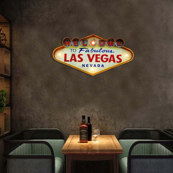 Welcome to Las Vegas Neon Sign, Vintage Metal LED Wall Decor for Bar, Pub, Cafe, Man Cave - Battery Powered Light Up Sign with Retro Style, Hanging Ornament for Home Party Night Club