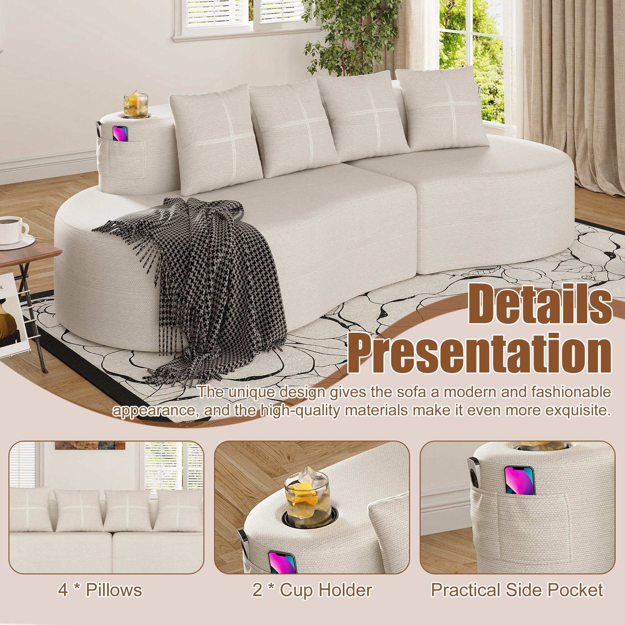 Sailvan Modern Curved Sectional 3 Seat Sofa,Minimalist Half Moon Modular Couch for Living Room,Office and Apartment,Soft Chenille Fabric Beige