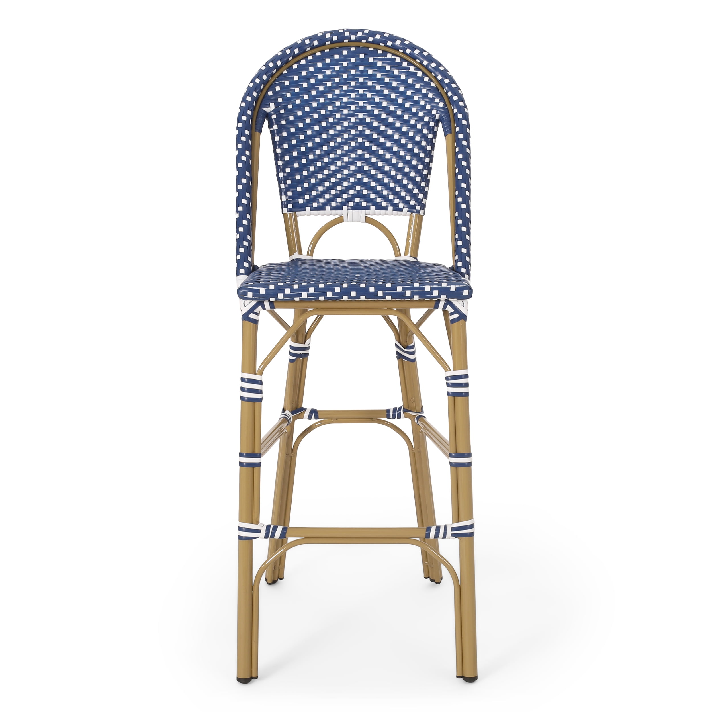 Outdoor French Style Bar Stool Set of 2 29.5 Inch, PE Rattan Frame Height Seats for Patio Bar, Dark Teal and White