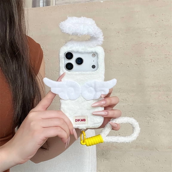 Fluffy Angel Wings Anti-Drop Protective Case for iPhone 17 Pro Max, Soft Plush, Detachable Wrist Strap, Cute Valentine's Day Gift Idea for Her Him,White