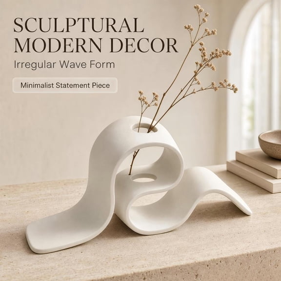 Modern White 7.87 Inch Abstract Wave Shaped Plastic Vase Shatterproof Curved Flower Vase with Hollow Cut Out Holes for Table Decor