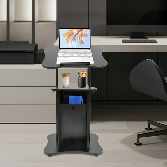 Floor Standing Mobile Laptop Podium Height Adjustable Sit to Stand Desk with Tilting Desktop Cabinet Office Podium with Wheels and Storage Ergonomic Rolling Lectern Cart Laptop Desk